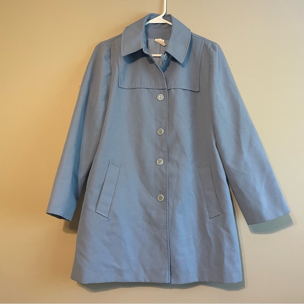 Vintage baby blue 70s button trench coat - FLAWED!! READ!!
